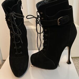 Brian Atwood Black Suede Platform Lace Up Heels Boots US 6 36.5
